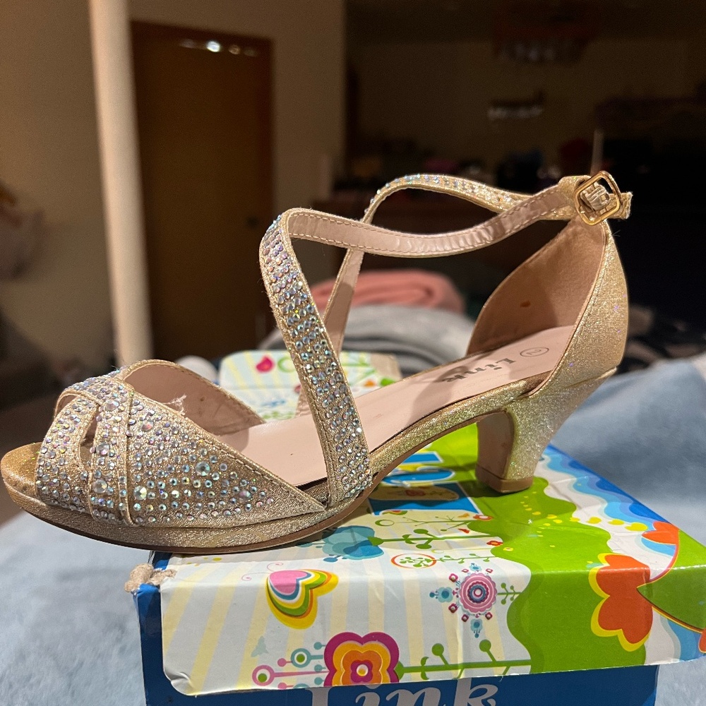 Link Fantastic-90K Girl's Rhinestone Criss Cross Ankle Strap Chunk Heel Sandals